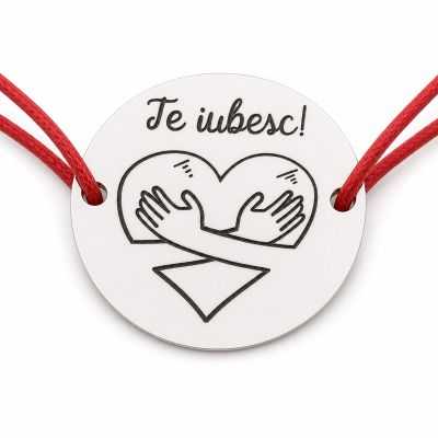 Brățară argint 925 cu bănuț Inimă Îmbrățișată Te Iubesc, șnur reglabil — cadou romantic B-E2081