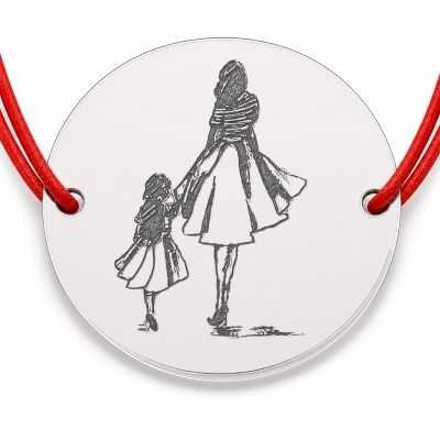 Brățară argint 925 cu bănuț mama și fiica la plimbare, șnur reglabil — cadou pentru mamă B-E0344