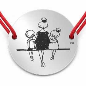 Brățară argint 925 cu bănuț mama cu băiat și fată pe bancă, șnur reglabil — cadou pentru mama B-E0525