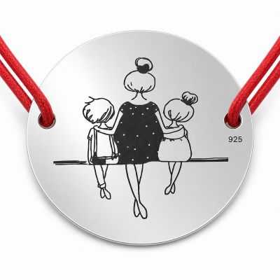 Brățară argint 925 cu bănuț mama cu băiat și fată pe bancă, șnur reglabil — cadou pentru mama B-E0525