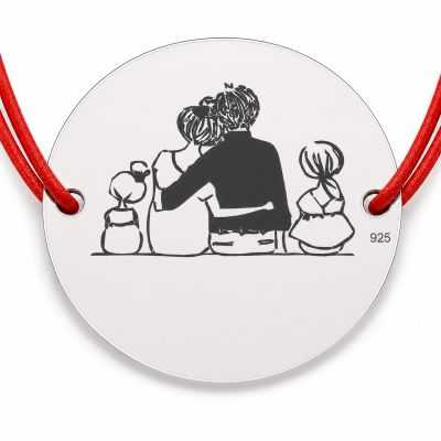 Brățară argint 925 cu bănuț Familie cu Două Fetițe, șnur reglabil — cadou familie B-E0531