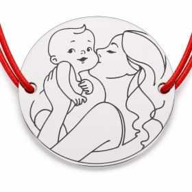 Brățară argint 925 cu bănuț Mama sărutând bebelușul, șnur reglabil — cadou naștere B-E1276