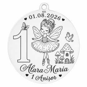 Bănuț de Moț din Argint 925 Personalizat pentru Fetiță – Zână Balerină, 1 Anișor, Nume și Dată 22 mm S0311