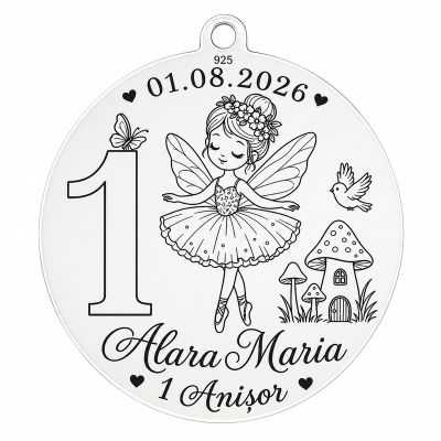 Bănuț de Moț din Argint 925 Personalizat pentru Fetiță – Zână Balerină, 1 Anișor, Nume și Dată 22 mm S0311