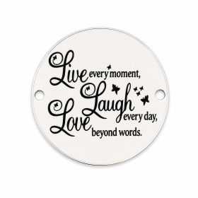 Pandantiv rotund argint 925 cu mesaj „Live, Laugh, Love”, gravură laser 16.5mm E0401