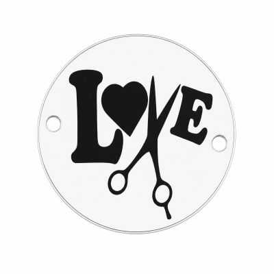 Bănuț argint 925 gravat cu motivul LOVE cu inimă și foarfecă, Ø 16,5 mm — E0382
