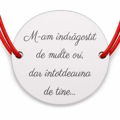 Brățară argint 925 cu bănuț mesaj M-am îndrăgostit, șnur reglabil — cadou romantic B-E1030