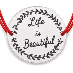 Brățară argint 925 cu bănuț Life is Beautiful, șnur reglabil — cadou optimist B-E0411
