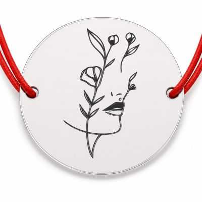 Brățară argint 925 cu bănuț chip feminin floral, șnur reglabil — cadou pentru ea B-E1822