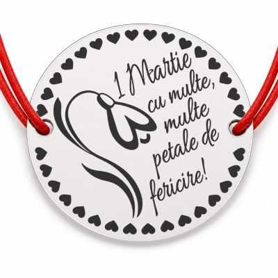 Brățară argint 925 cu ghiocel și mesaj 1 Martie, șnur reglabil — mărțișor B-E2089