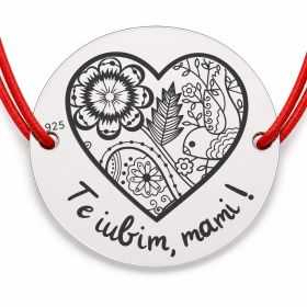 Brățară argint 925 cu inimă florală Te iubim, mami!, șnur reglabil — cadou B-E2091