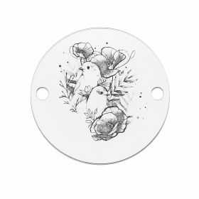 Bănuț gravat păsărică cu flori din argint 925, element brățară 16.5 mm E1686