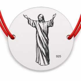Brățară argint 925 cu Isus binecuvântând, șnur reglabil — cadou creștin B-E0437