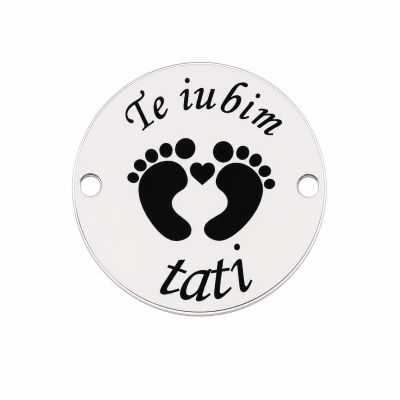 Bănuț argint 925 gravat mesajul Te iubim tati, două tălpițe și o inimă E0078