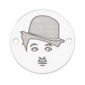 Pandantiv rotund argint 925 cu comediant cu pălărie melon, gravură laser 16.5mm E1239
