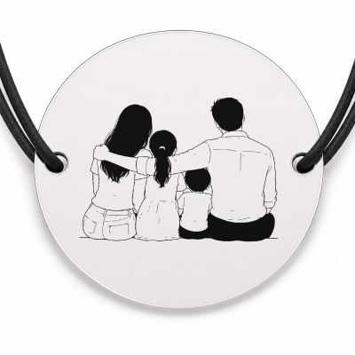 Brățară argint 925 cu bănuț gravat familie cu doi copii, șnur negru reglabil — R0093