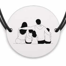 Brățară argint 925 cu bănuț gravat familie cu trei copii, șnur negru reglabil — R0094
