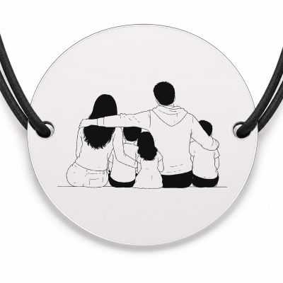 Brățară argint 925 cu bănuț gravat familie cu trei copii, șnur negru reglabil — R0094