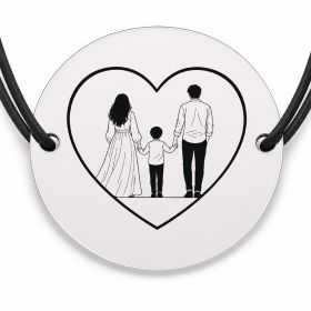 Brățară argint 925 cu bănuț gravat inimă cu familie, șnur negru reglabil — R0104