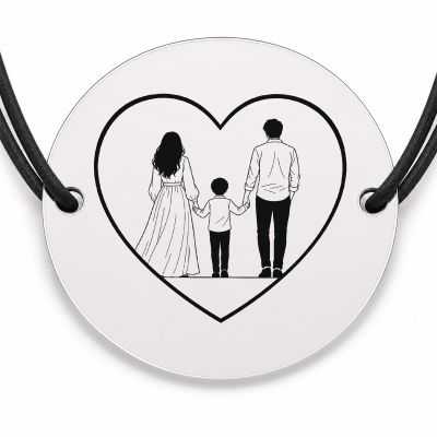 Brățară argint 925 cu bănuț gravat inimă cu familie, șnur negru reglabil — R0104