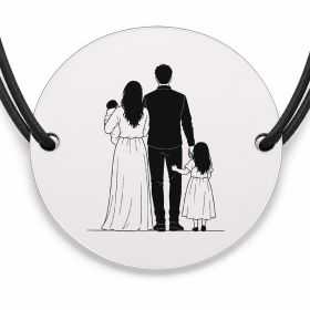 Brățară argint 925 cu bănuț gravat familie cu fetiță și bebeluș, șnur negru reglabil — R0101