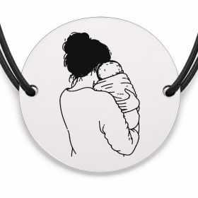 Brățară argint 925 cu bănuț gravat mama cu bebelușul, șnur negru reglabil — R0111