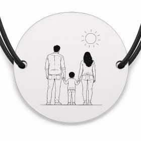 Brățară argint 925 cu bănuț gravat familie sub soare, șnur negru reglabil — R0113