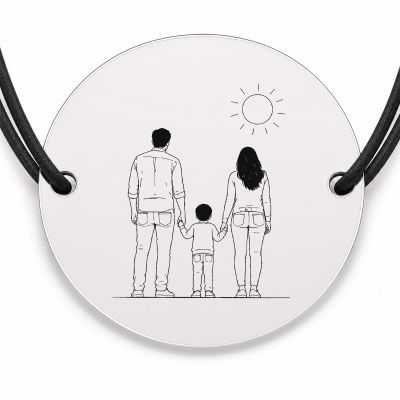 Brățară argint 925 cu bănuț gravat familie sub soare, șnur negru reglabil — R0113