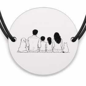 Brățară argint 925 cu bănuț gravat familie cu câine și pisică, șnur negru reglabil — R0117