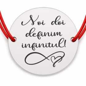 Brățară argint 925 cu bănuț mesajul Noi doi definim infinitul și simbol infinit, șnur reglabil — cadou pentru cuplu B-E1698