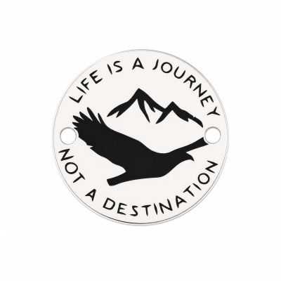 Bănuț argint 925 gravat munți, pasăre și mesajul Life is a Journey, Ø 16,5 mm — pentru aventurieri E0778