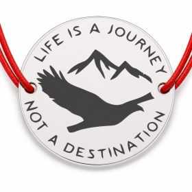Brățară argint 925 cu bănuț munți, pasăre și mesajul Life is a Journey, șnur reglabil — cadou pentru aventurieri B-E0778