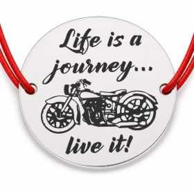 Brățară argint 925 cu bănuț motocicletă și mesajul Life is a journey, live it, șnur reglabil — cadou pentru motocicliști B-E1335