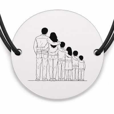 Brățară argint 925 cu bănuț gravat familie cu patru copii, șnur negru reglabil — R0121