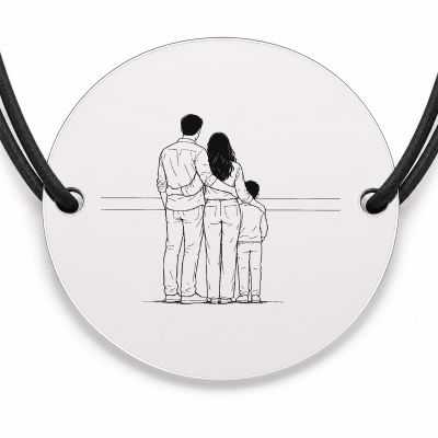 Brățară argint 925 cu bănuț gravat familia privind orizontul, șnur negru reglabil — R0136