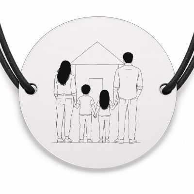 Brățară argint 925 cu bănuț gravat familia și casa, șnur negru reglabil — R0148