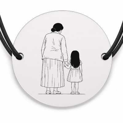 Brățară argint 925 cu bănuț gravat bunica și nepoata, șnur negru reglabil — R0125