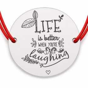 Brățară argint 925 cu bănuț mesajul Life is better when you’re laughing, șnur reglabil — cadou motivațional B-E1323