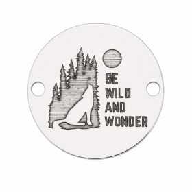 Bănuț argint 925 gravat lup, pădure și mesajul Be Wild and Wonder, Ø 16,5 mm — pentru aventurieri E0782