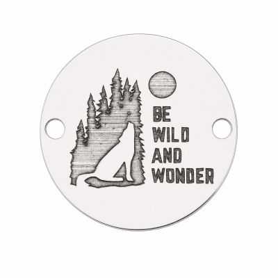 Bănuț argint 925 gravat lup, pădure și mesajul Be Wild and Wonder, Ø 16,5 mm — pentru aventurieri E0782