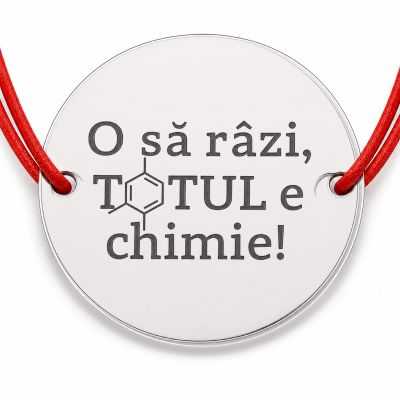 Brățară argint 925 cu bănuț mesajul Totul e chimie, șnur reglabil — cadou pentru pasionații de știință B-E0795