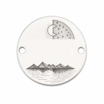 Bănuț argint 925 gravat peisaj cu munți, lună și lac, Ø 16,5 mm — pentru iubitorii de natură E0776