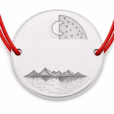 Brățară argint 925 cu bănuț peisaj cu munți, lună și lac, șnur reglabil — cadou pentru iubitorii de natură B-E0776