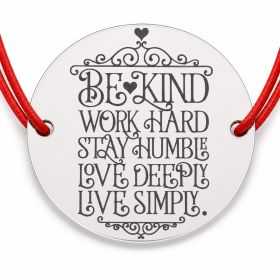 Brățară argint 925 cu bănuț mesajul Be Kind, Work Hard, șnur reglabil — cadou motivațional B-E1325