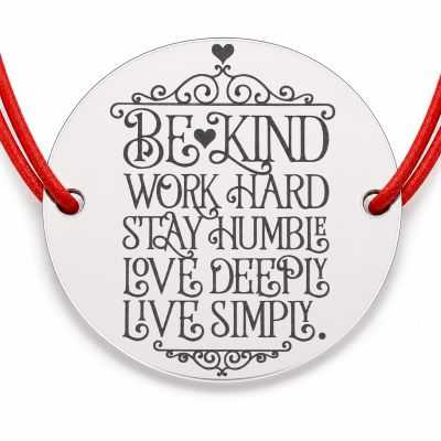 Brățară argint 925 cu bănuț mesajul Be Kind, Work Hard, șnur reglabil — cadou motivațional B-E1325