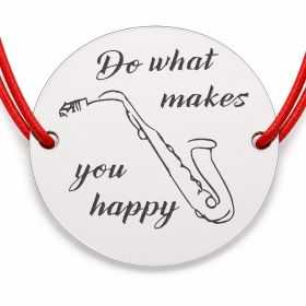 Brățară argint 925 cu bănuț mesajul Do What Makes You Happy și saxofon, șnur reglabil — cadou pentru iubitorii de muzică B-E1336