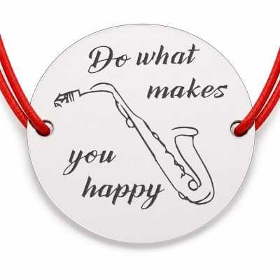 Brățară argint 925 cu bănuț mesajul Do What Makes You Happy și saxofon, șnur reglabil — cadou pentru iubitorii de muzică B-E1336