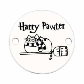 Bănuț argint 925 gravat pisica Harry Pawter pe mătură, Ø 16,5 mm — de Halloween E0917