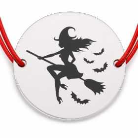 Brățară argint 925 cu bănuț vrăjitoare pe mătură și lilieci, șnur reglabil — cadou de Halloween B-E0748
