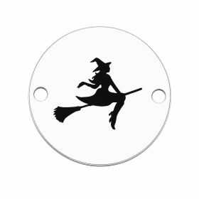 Bănuț argint 925 gravat vrăjitoare pe mătură, Ø 16,5 mm — de Halloween E0749